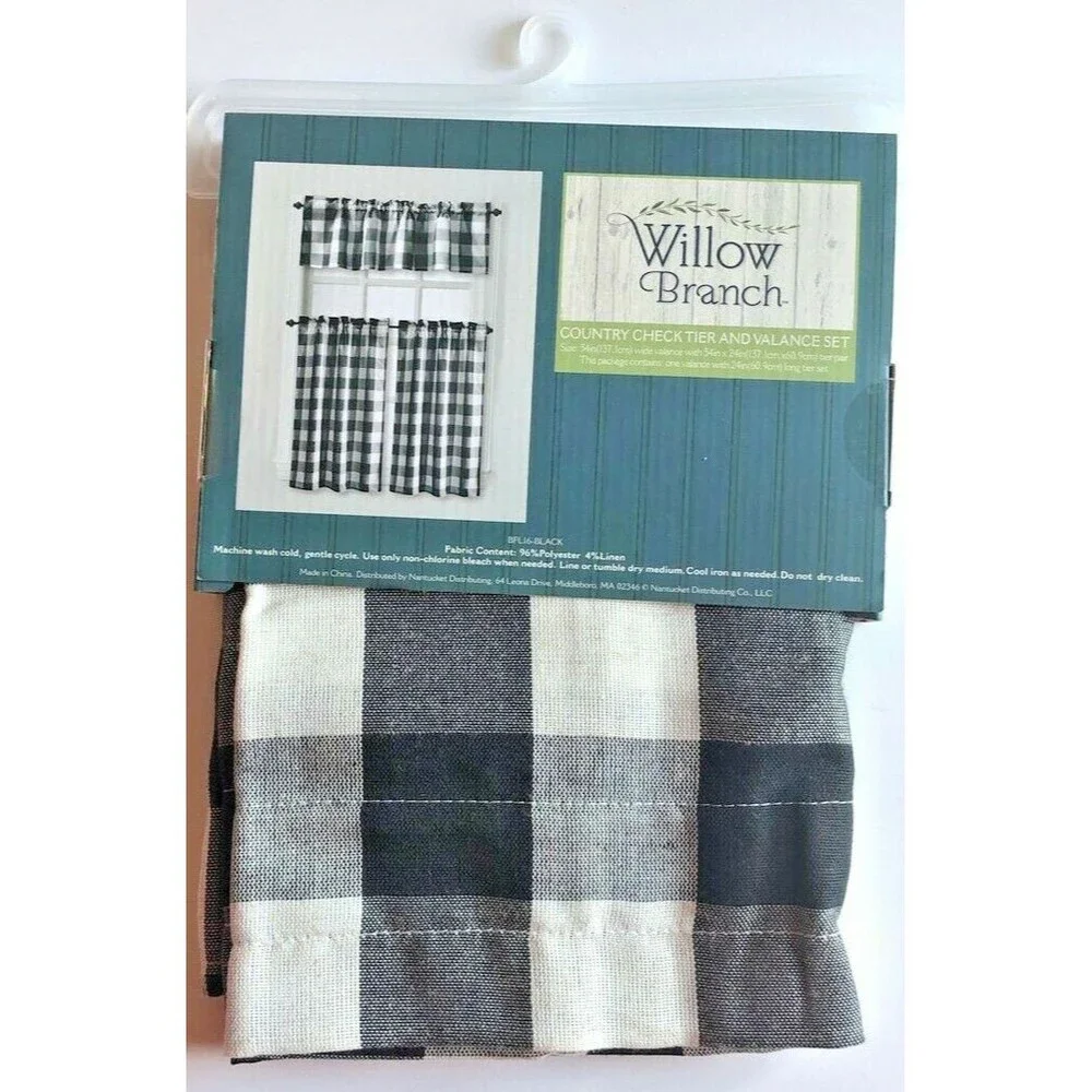 Willow Branch Buffalo Check Plaid Curtain Tier Valance Set Country Black White